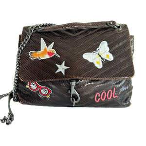 Rebecca Minkoff Edie Quilted Brown Chevron Leather Patches Chain Crossbody Bag